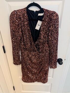 Astr Rose Copper Sequin Wrap Mini Dress